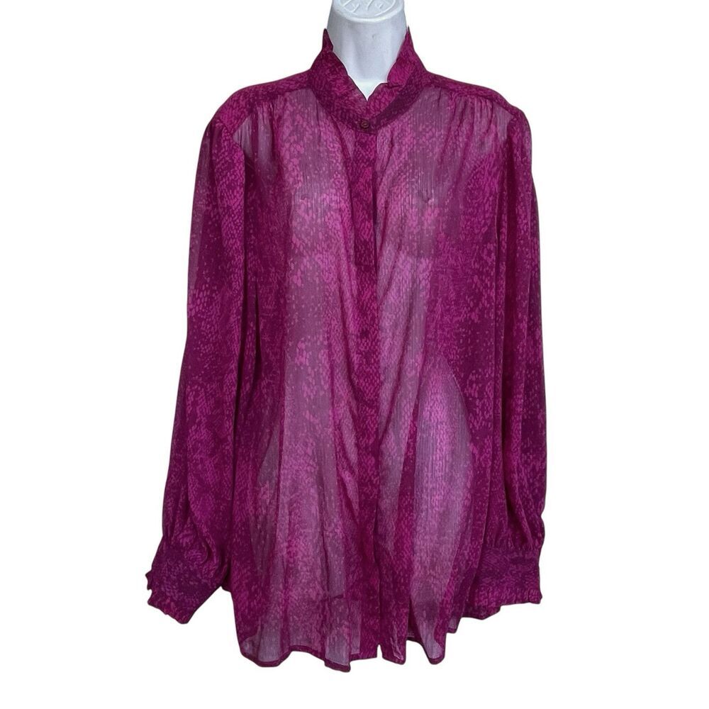 Chico's 3 Ruffle Collar Chiffon Tunic Top Animal Print XL Magenta Sheer Blouse